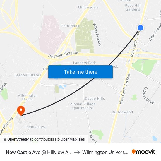 New Castle Ave @ Hillview Ave to Wilmington University map