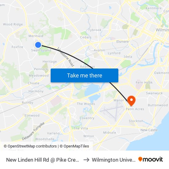 New Linden Hill Rd @ Pike Creek Blvd to Wilmington University map