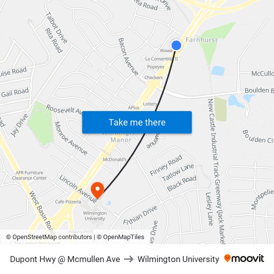 Dupont Hwy @ Mcmullen Ave to Wilmington University map