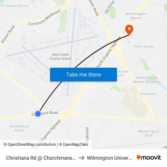 Christiana Rd @ Churchmans Rd to Wilmington University map