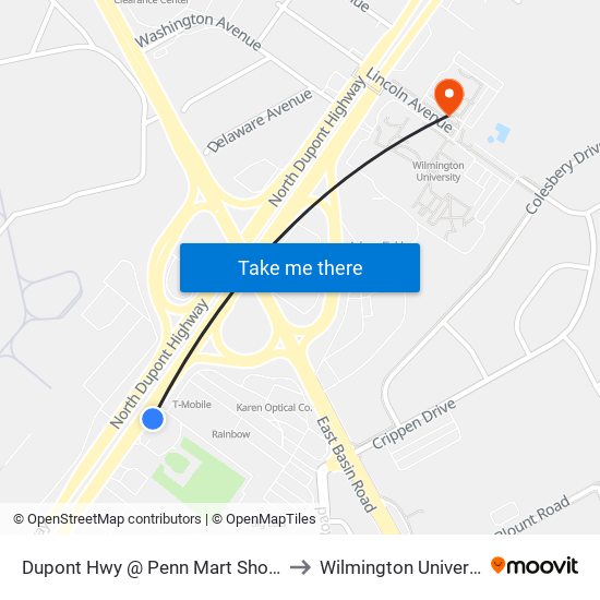 Dupont Hwy @ Penn Mart Shop Ctr to Wilmington University map