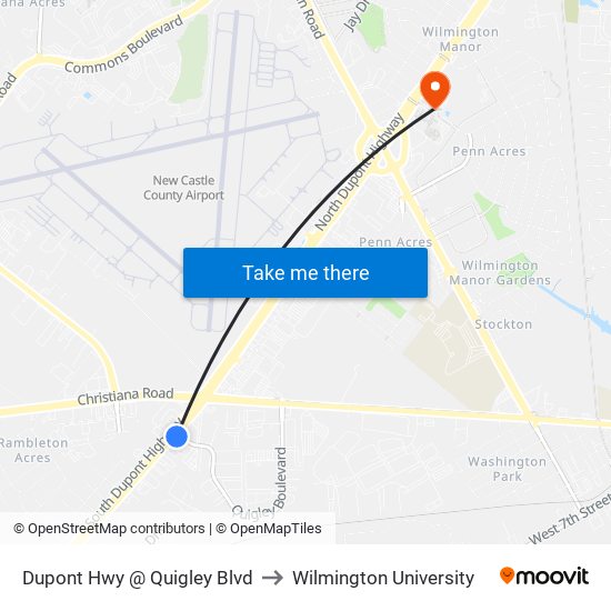 Dupont Hwy @ Quigley Blvd to Wilmington University map