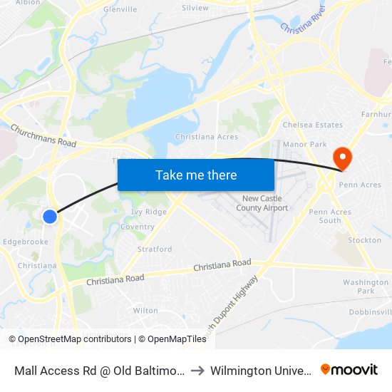Mall Access Rd @ Old Baltimore Pk to Wilmington University map