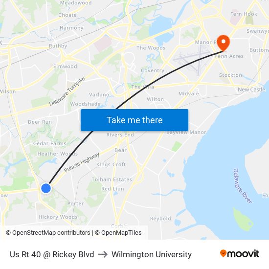 Us Rt 40 @ Rickey Blvd to Wilmington University map