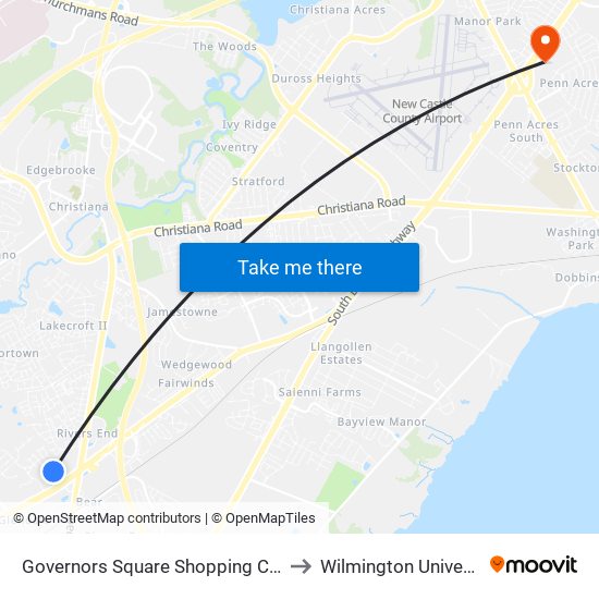 Governors Square Shopping Center to Wilmington University map