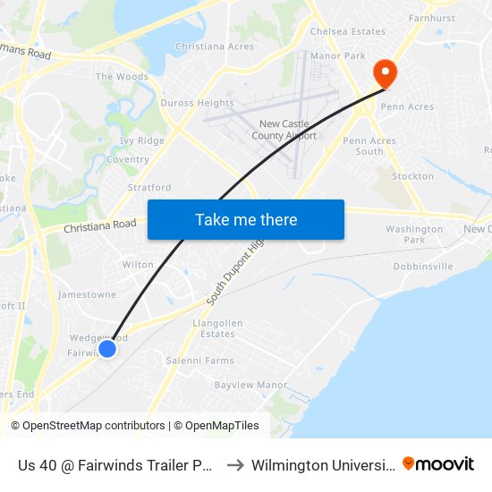 Us 40 @ Fairwinds Trailer Park to Wilmington University map