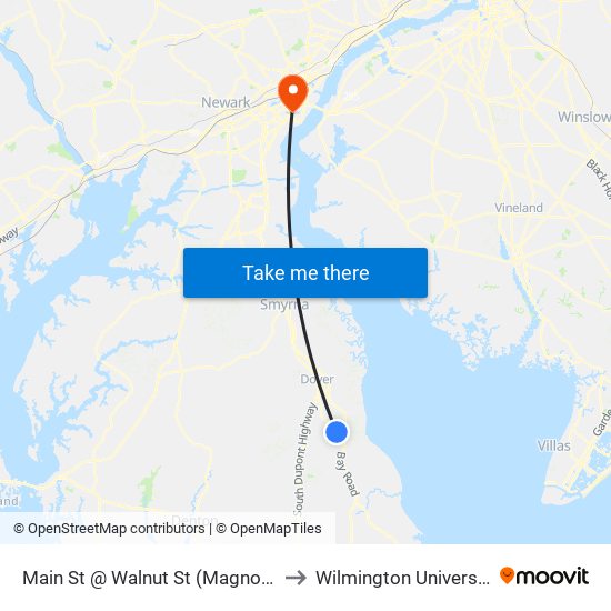 Main St @ Walnut St (Magnolia) to Wilmington University map