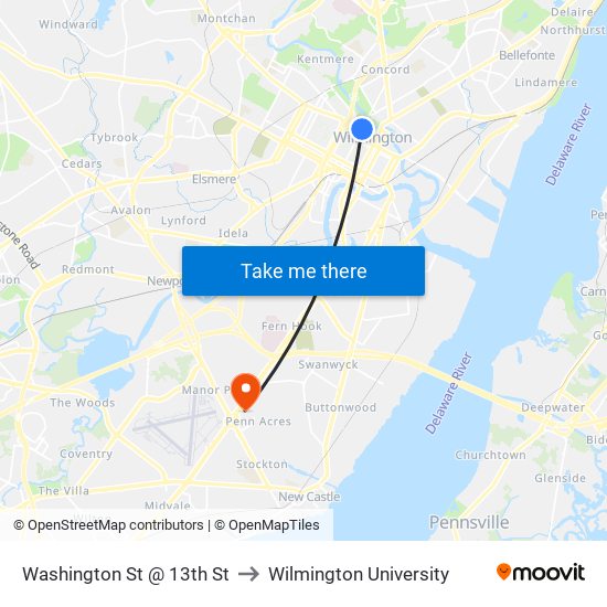 Washington St @ 13th St to Wilmington University map