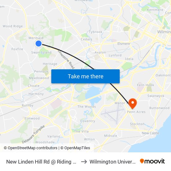 New Linden Hill Rd @ Riding Blvd to Wilmington University map