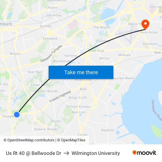 Us Rt 40 @ Bellwoode Dr to Wilmington University map