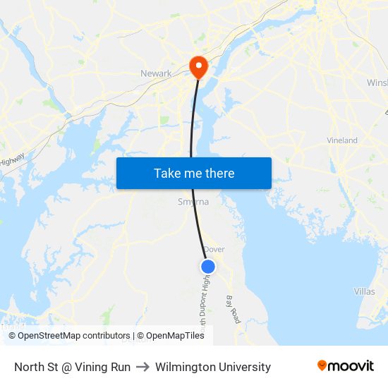 North St @ Vining Run to Wilmington University map