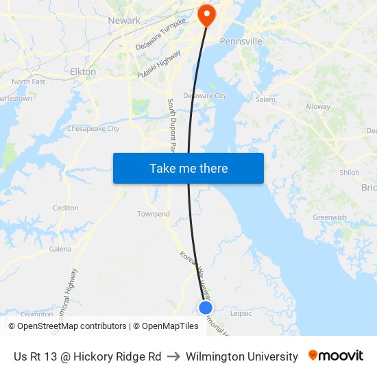 Us Rt 13 @ Hickory Ridge Rd to Wilmington University map