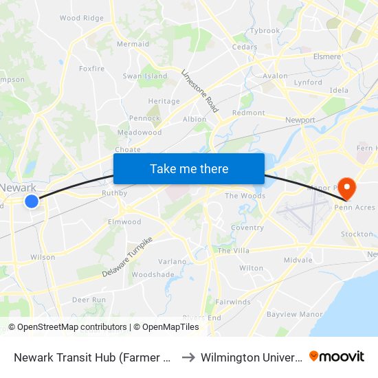 Newark Transit Hub (Farmer Lane) to Wilmington University map