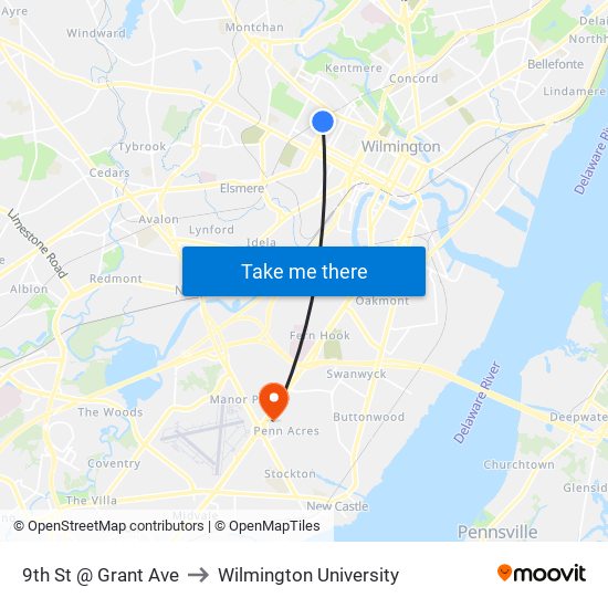 9th St @ Grant Ave to Wilmington University map