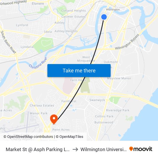 Market St @ Asph Parking Lot to Wilmington University map