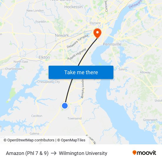 Amazon (Phl 7 & 9) to Wilmington University map