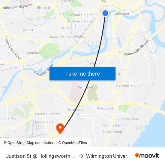 Justison St @ Hollingsworth Ave to Wilmington University map