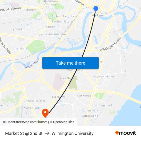 Market St @ 2nd St to Wilmington University map