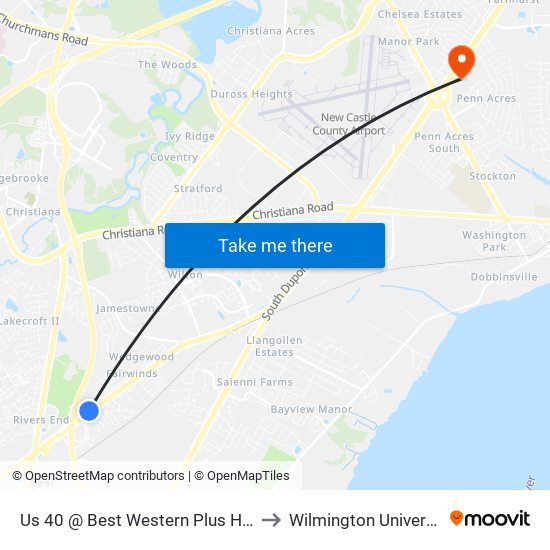 Us 40 @ Best Western Plus Hotel to Wilmington University map