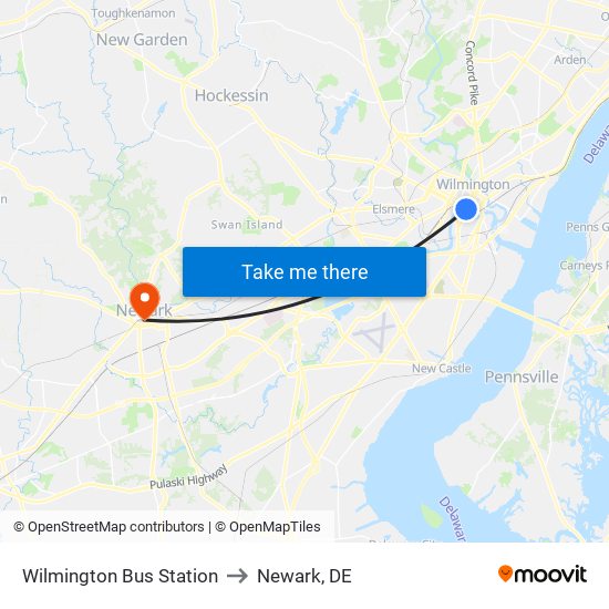 Wilmington Bus Station to Newark, DE map