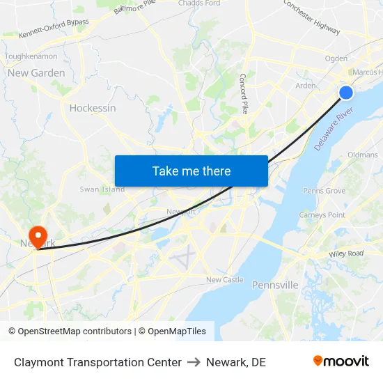 Claymont Transportation Center to Newark, DE map