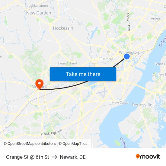 Orange St @ 6th St to Newark, DE map