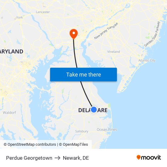 Perdue Georgetown to Newark, DE map