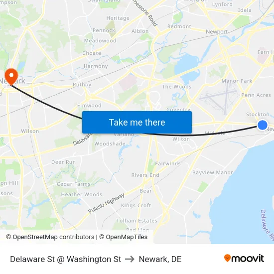 Delaware St @ Washington St to Newark, DE map