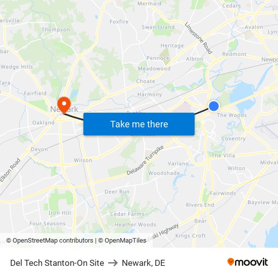 Del Tech Stanton-On Site to Newark, DE map