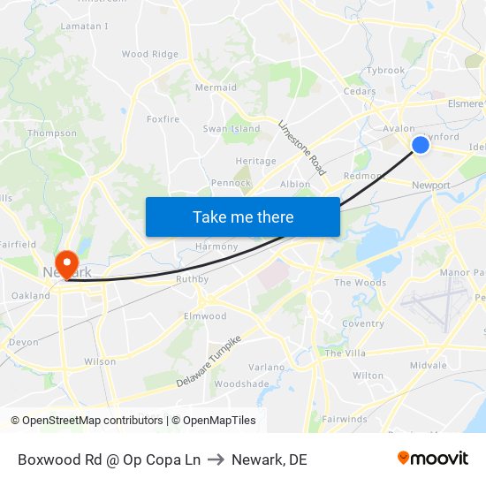 Boxwood Rd @ Op Copa Ln to Newark, DE map