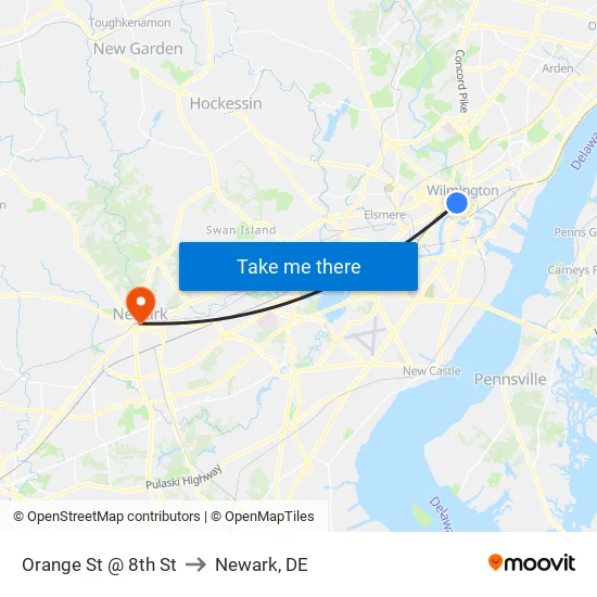 Orange St @ 8th St to Newark, DE map