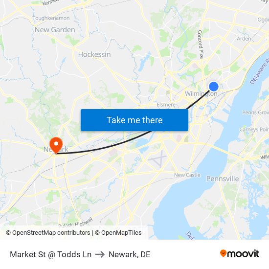 Market St @ Todds Ln to Newark, DE map