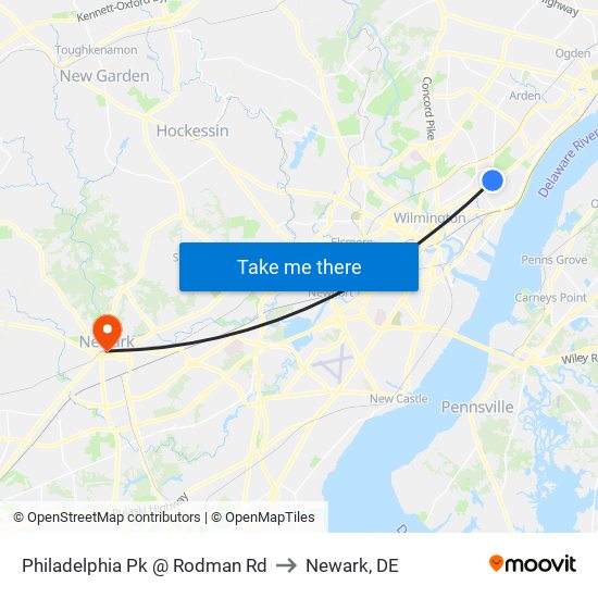 Philadelphia Pk @ Rodman Rd to Newark, DE map