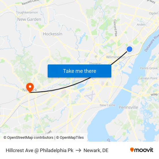 Hillcrest Ave @ Philadelphia Pk to Newark, DE map