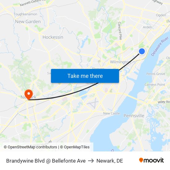 Brandywine Blvd @ Bellefonte Ave to Newark, DE map