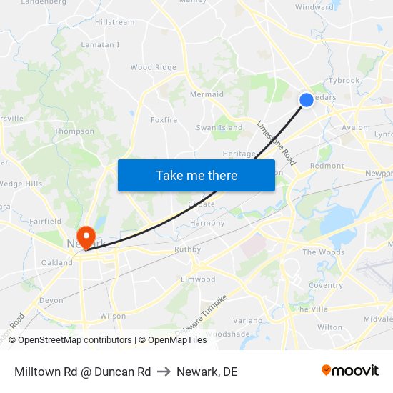 Milltown Rd @ Duncan Rd to Newark, DE map