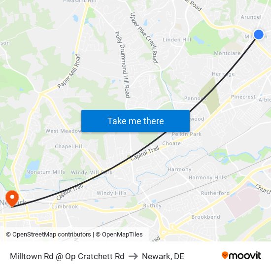 Milltown Rd @ Op Cratchett Rd to Newark, DE map