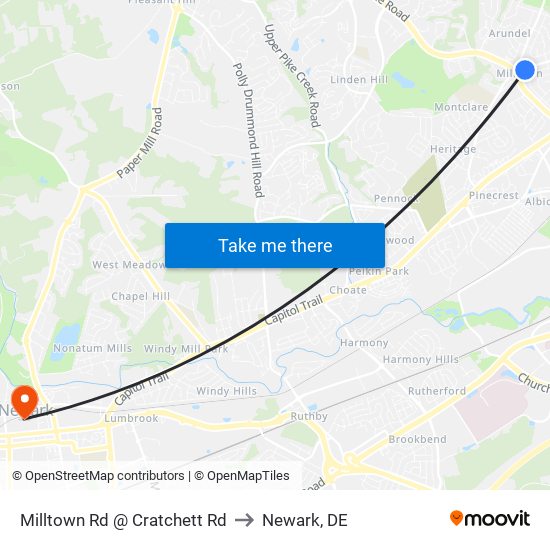 Milltown Rd @ Cratchett Rd to Newark, DE map