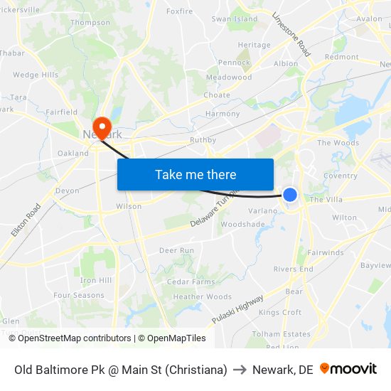 Old Baltimore Pk @ Main St (Christiana) to Newark, DE map