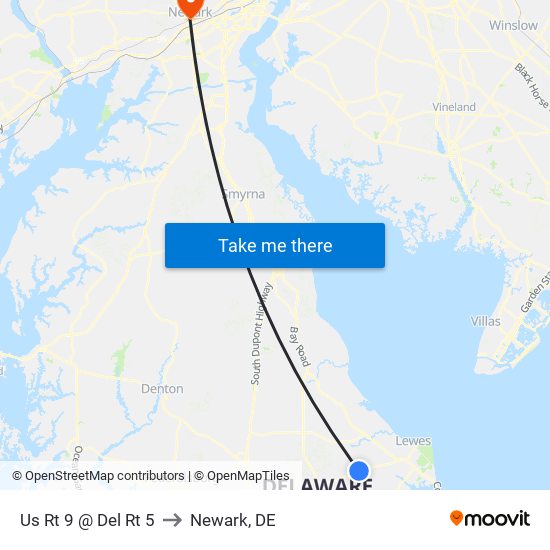 Us Rt 9 @ Del Rt 5 to Newark, DE map