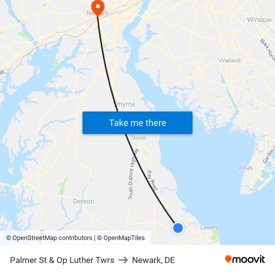 Palmer St & Op Luther Twrs to Newark, DE map
