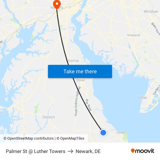 Palmer St @ Luther Towers to Newark, DE map