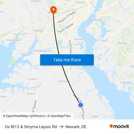 Us Rt13 @ Smyrna Lepsic Rd to Newark, DE map