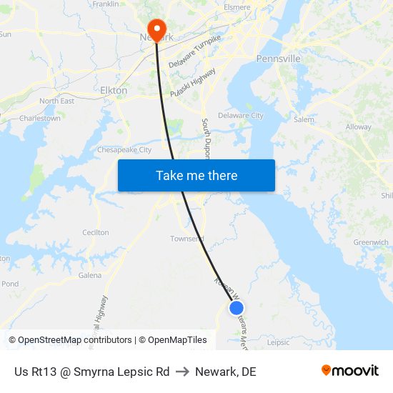 Us Rt13 @ Smyrna Lepsic Rd to Newark, DE map