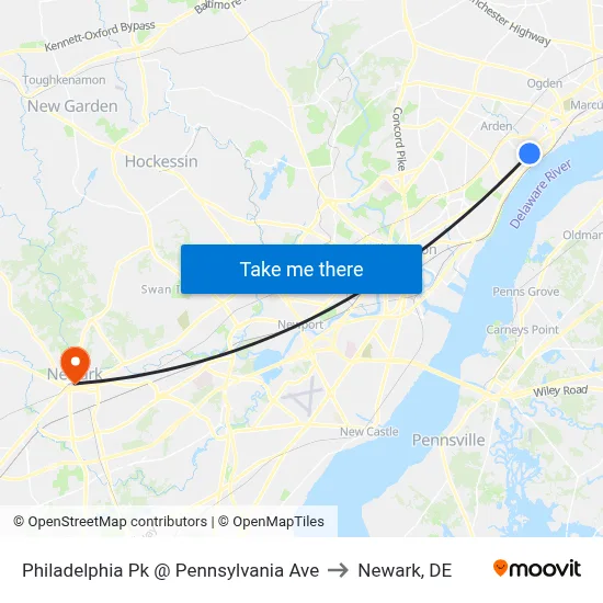 Philadelphia Pk @ Pennsylvania Ave to Newark, DE map