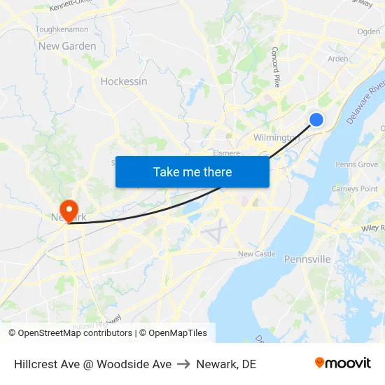 Hillcrest Ave @ Woodside Ave to Newark, DE map