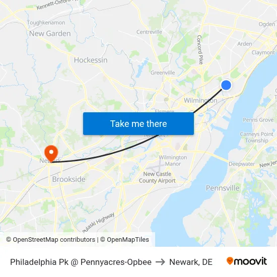 Philadelphia Pk @ Pennyacres-Opbee to Newark, DE map