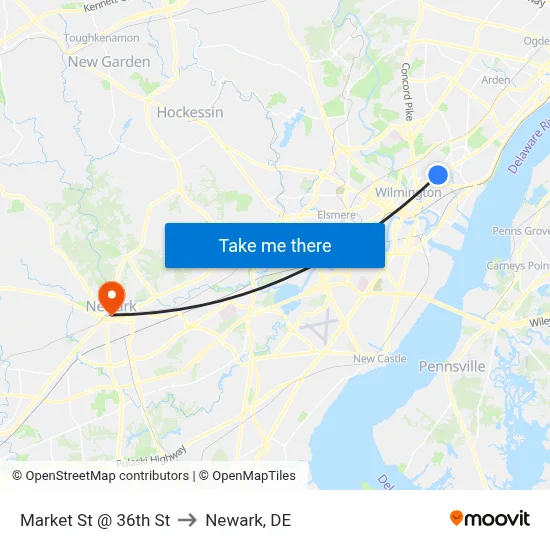 Market St @ 36th St to Newark, DE map