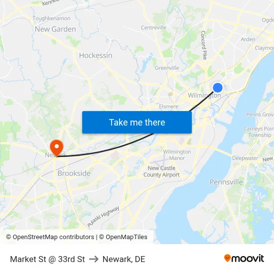 Market St @ 33rd St to Newark, DE map