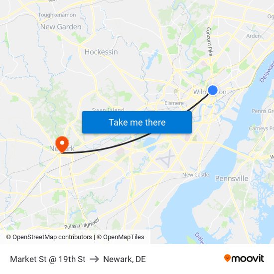 Market St @ 19th St to Newark, DE map